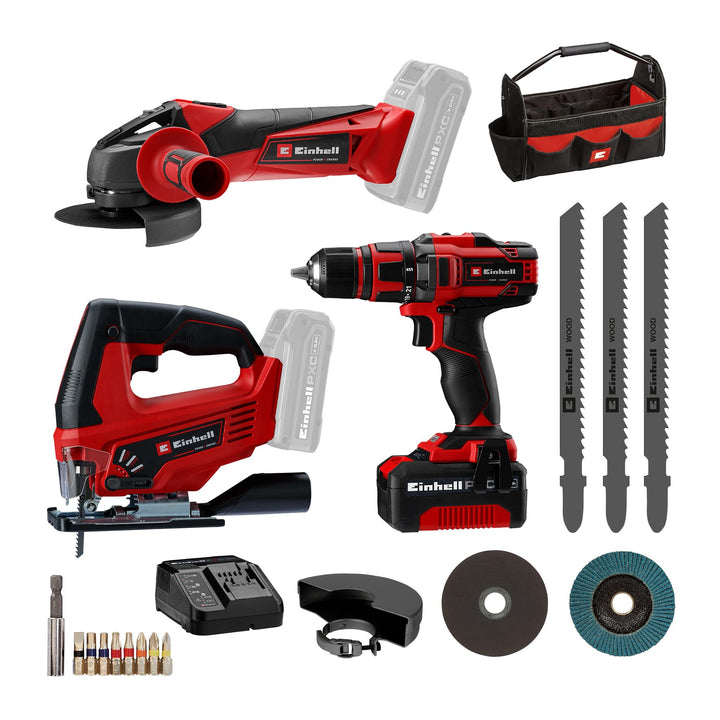 Einhell Akku-Bohrschrauber TE-CD 18/40 Li + Akku-Winkelschleifer TC-AG 18/115 Li + Akku-Stichsäge TC