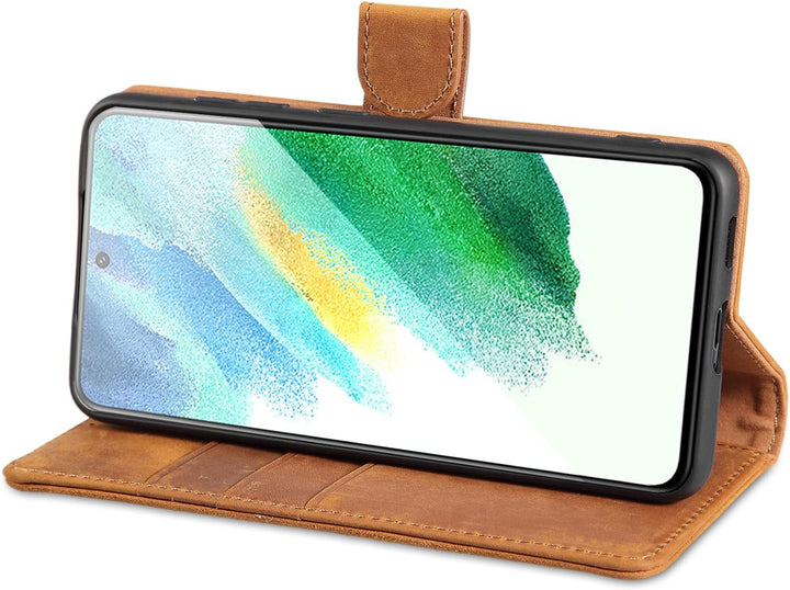 LENSUN Echtleder Hülle für Samsung Galaxy S21 FE 5G, Handyhülle Echt Leder [Kartenfach] [RFID Schutz