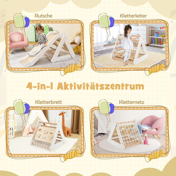 DREAMADE 4 IN 1 Kletterdreieck mit Rutsche und Kletternetz, Holzdreieck Kletterspielzeug aus Holz, I