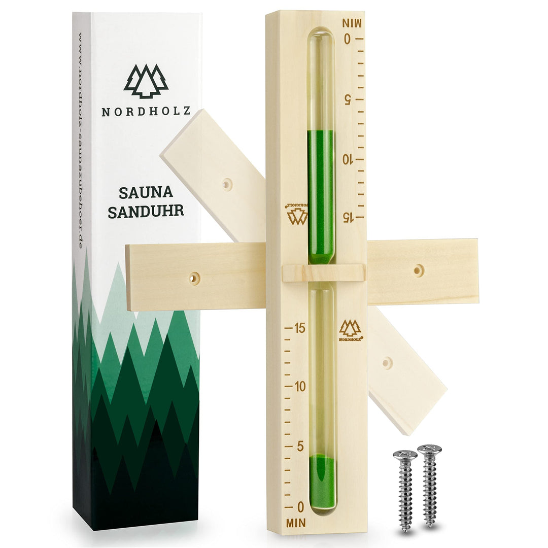 NORDHOLZ® Sauna Sanduhr 15 Minuten aus 100% nordischer Fichte - Glas robust &amp; hitzebeständig - Kontr