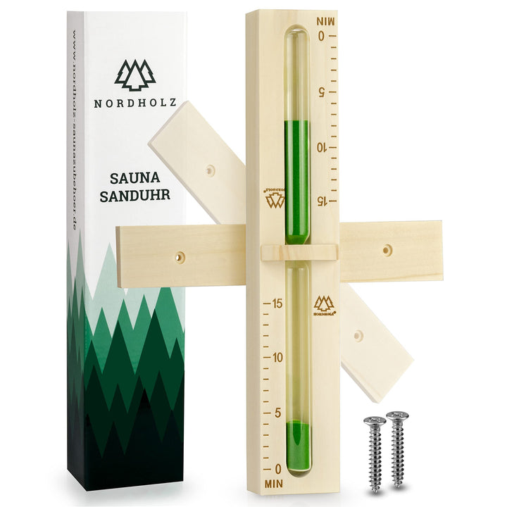 NORDHOLZ® Sauna Sanduhr 15 Minuten aus 100% nordischer Fichte - Glas robust &amp; hitzebeständig - Kontr