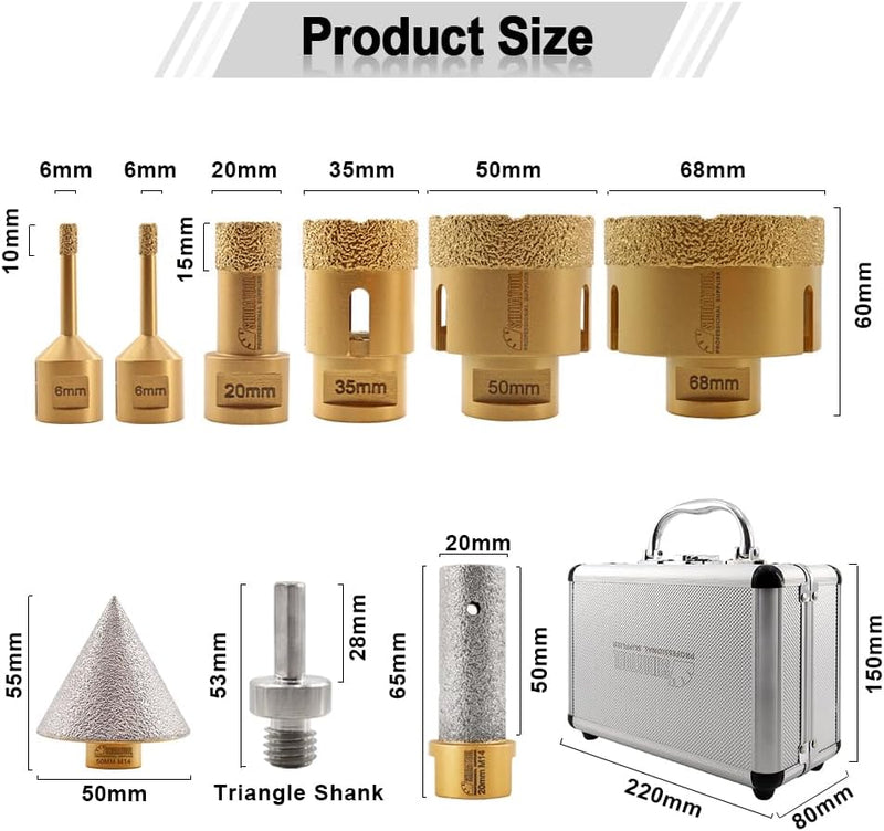 SHDIATOOL fliesen Diamantbohrer set M14 Gewinde 6/6/20/35/50/68/20MM Diamantfinger Bits/50mm Diamant
