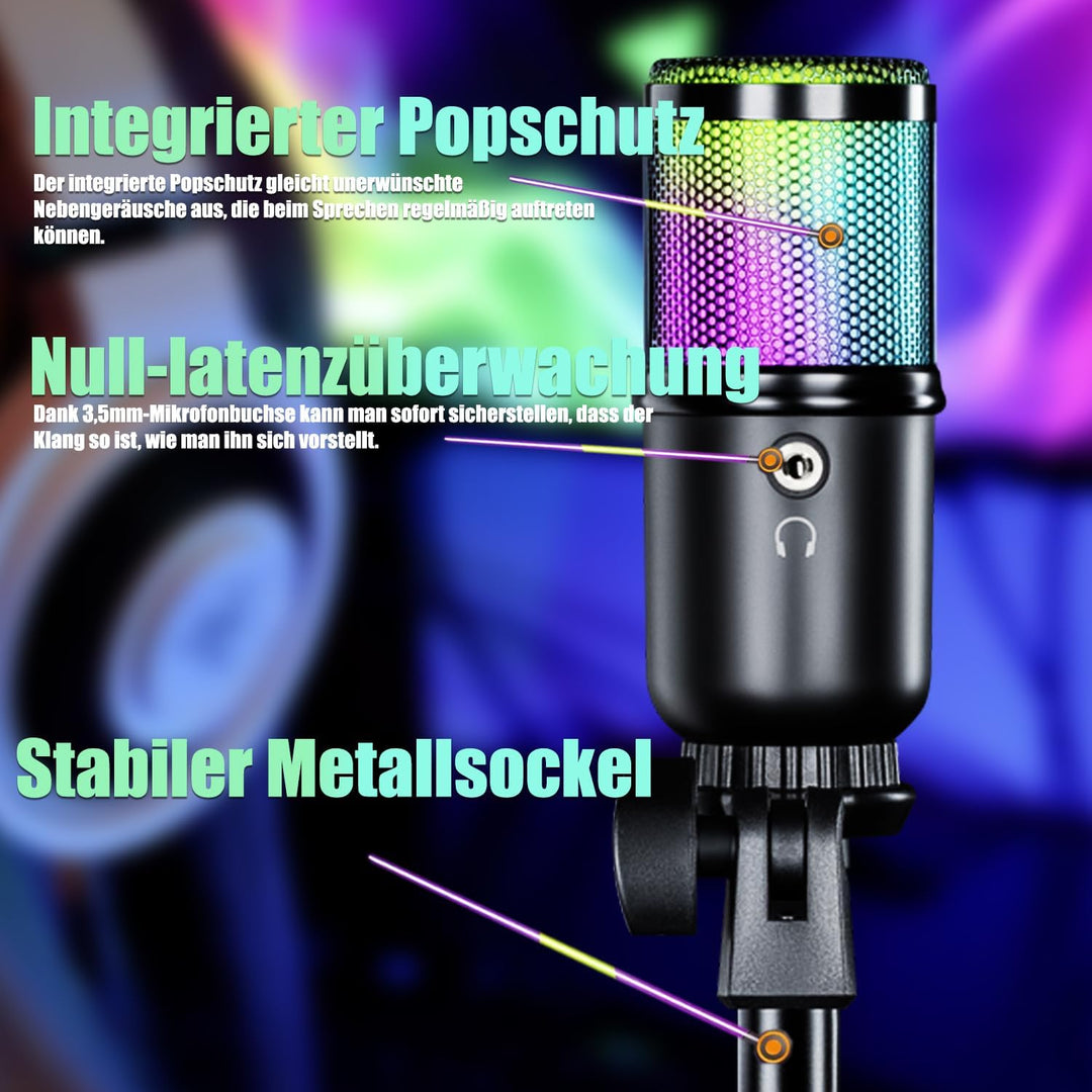 Defender Gaming Mikrofon PC RGB mit Ständer, Streaming Podcast Studio, USB Microphone für PC, Mit 3,