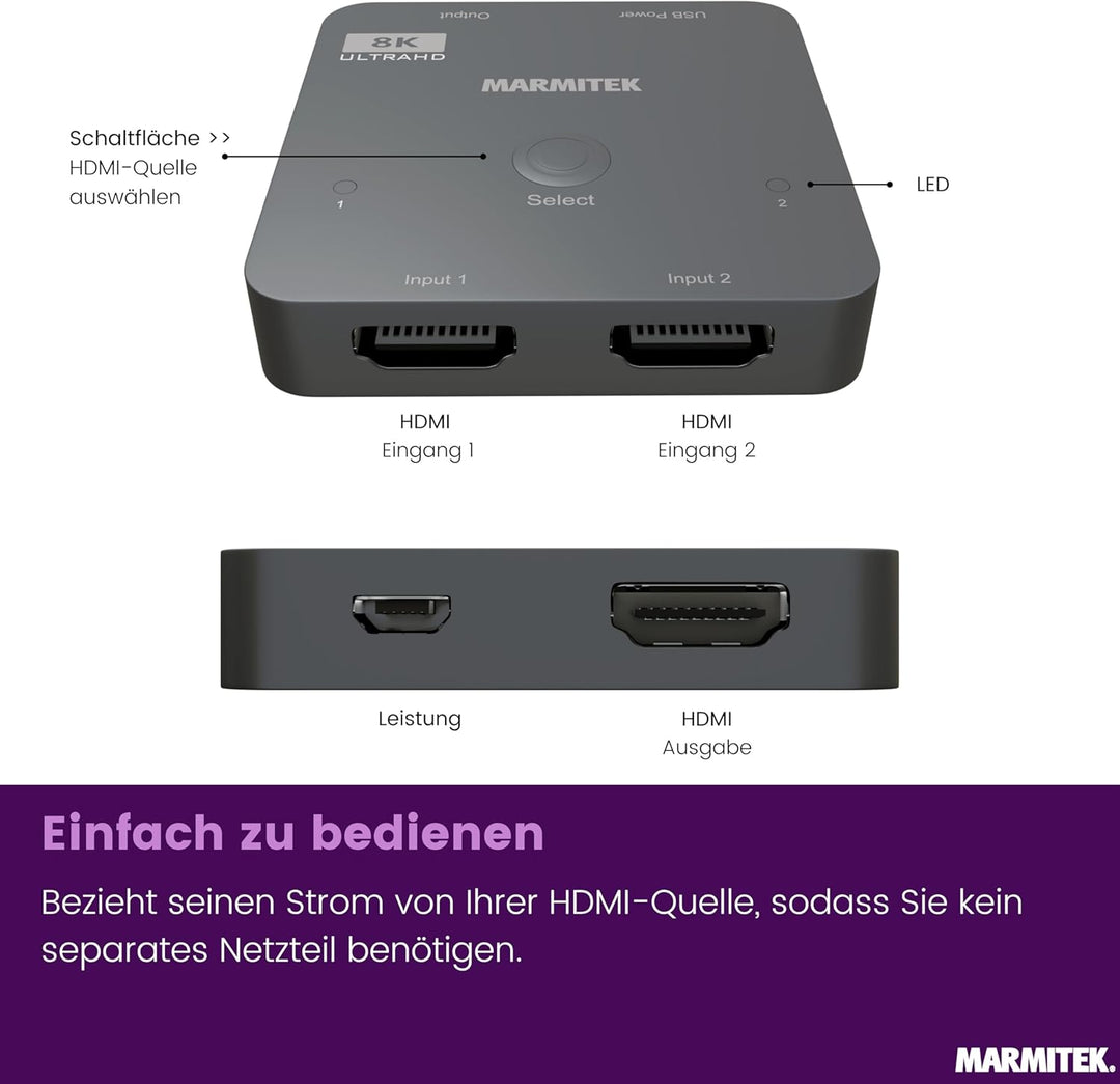 HDMI 2.1 Switch - Marmitek AS28 - 8K HDMI switch - 4K 120Hz - HDR - 2 ein / 1 aus - HDMI Switch 4K 1