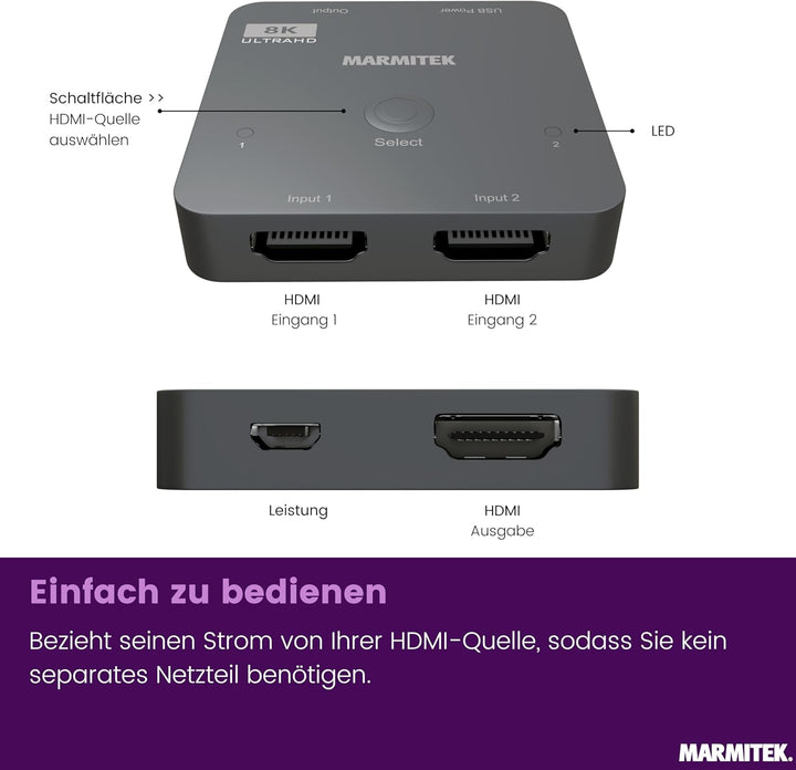 HDMI 2.1 Switch - Marmitek AS28 - 8K HDMI switch - 4K 120Hz - HDR - 2 ein / 1 aus - HDMI Switch 4K 1