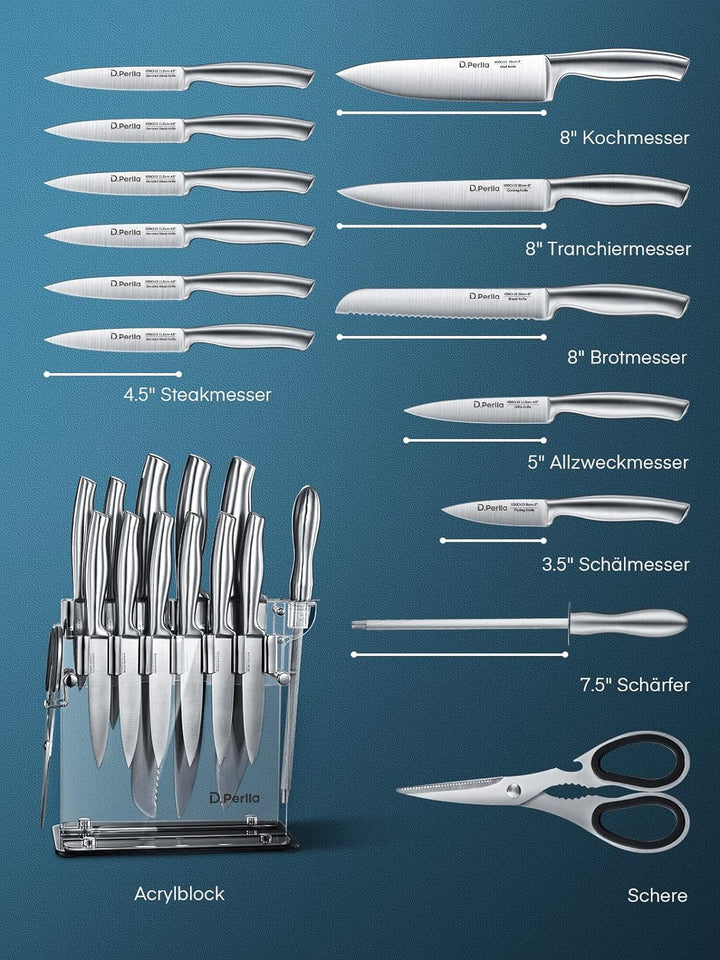 D.Perlla Messerblock, 14 TLG Messer Set, Professionelles Küchenmesser Set aus Edelstahl, Extra Schar