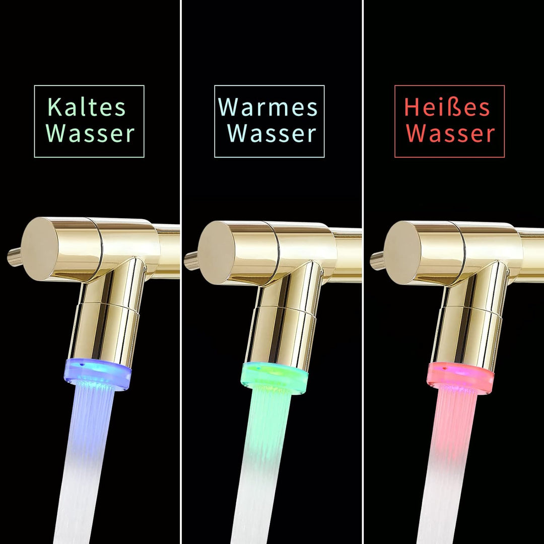 TIMACO Gold LED Küchenarmatur mit Spiralfeder 360° Schwenkbare Spültischarmaturen mit Zwei Auslauf,