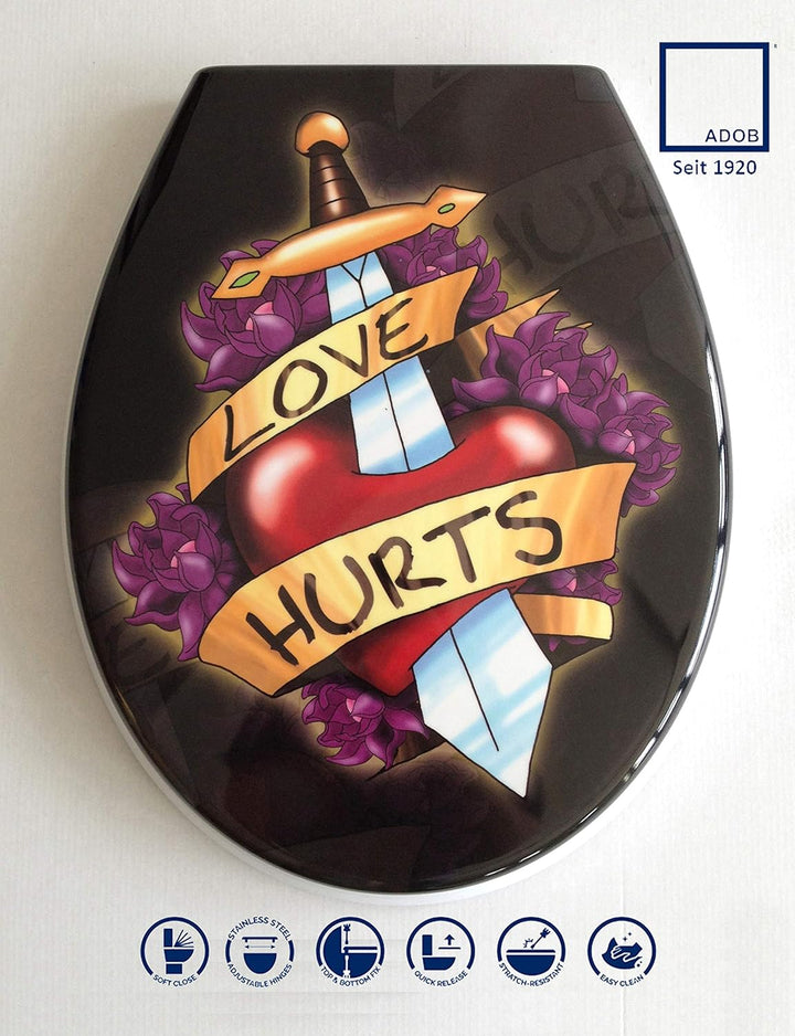 ADOB Design WC Sitz Love Hurts Klobrille Klodeckel Toilettendeckel aus Duroplast, Absenkautomatik, S
