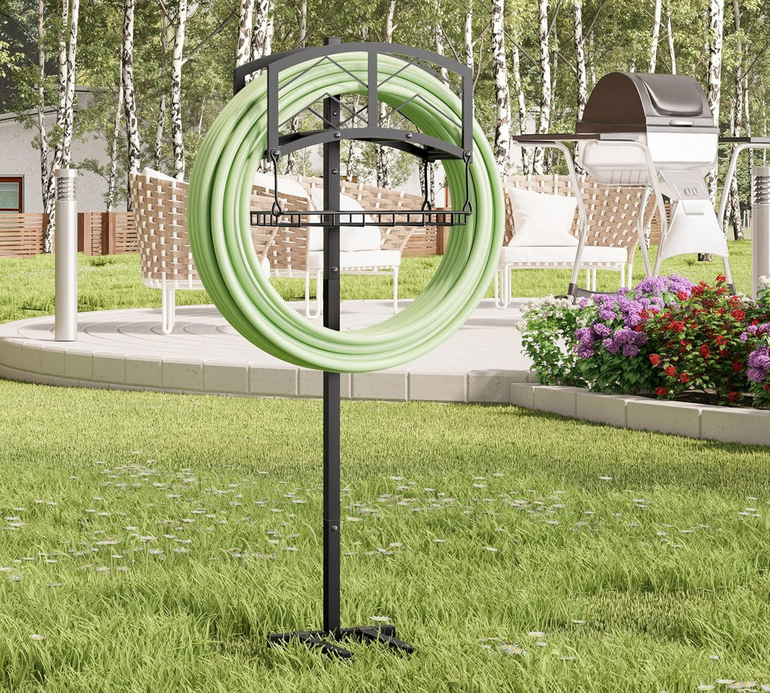 Kingson Tragbarer Gartenschlauchhalter mit Aufbewahrungskorb, robuste schwarze Stahlkonstruktion, hä