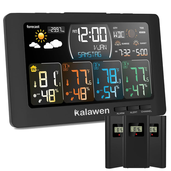 Kalawen Wetterstation Funk mit 3 Aussensensoren Temperatur Innen Aussen Hygrometer Funk wecker Luftf