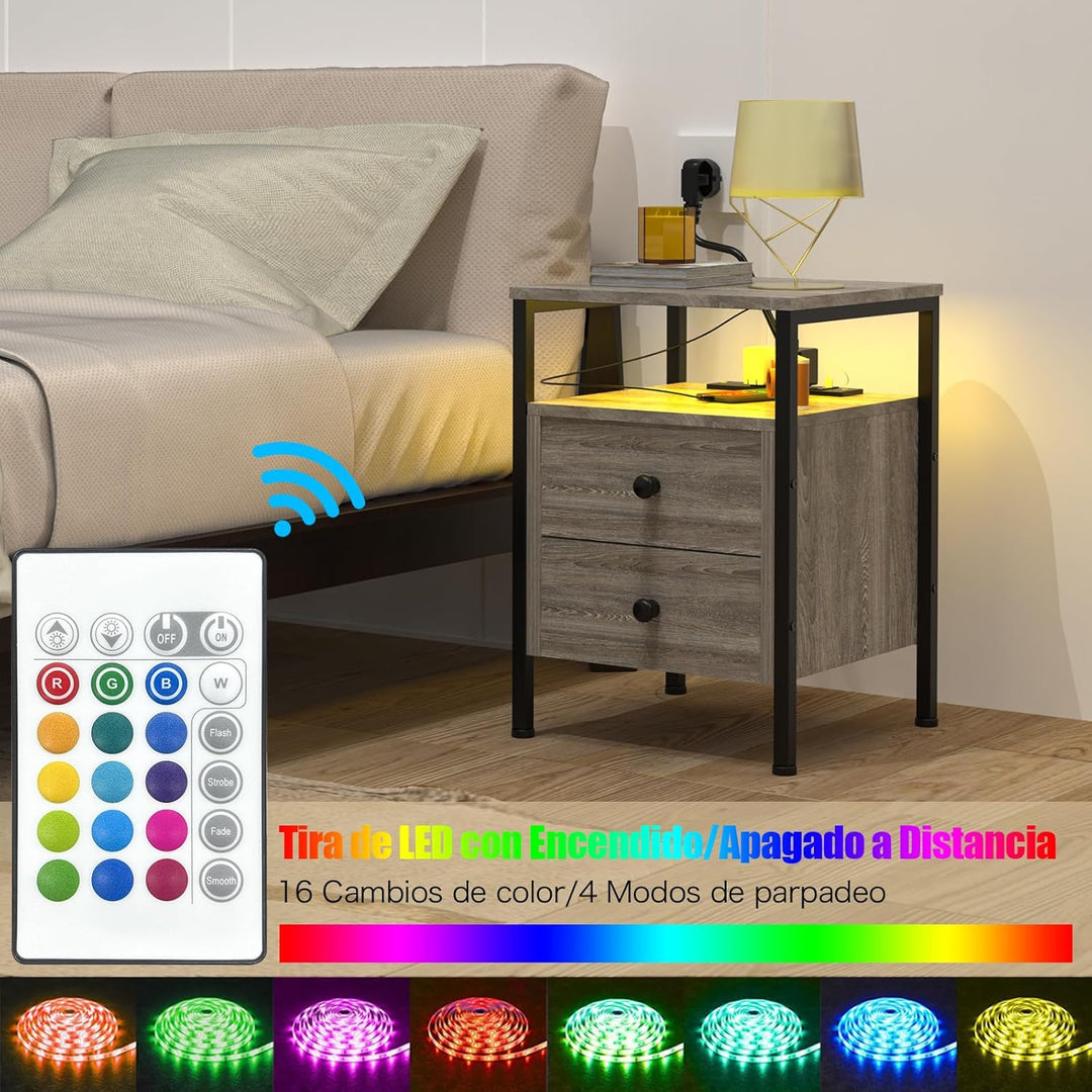 Lvhecforhm Nachttisch mit Steckdose, Beistelltisch mit USB-Anschlüssen, mit LED Licht, Beistelltisch