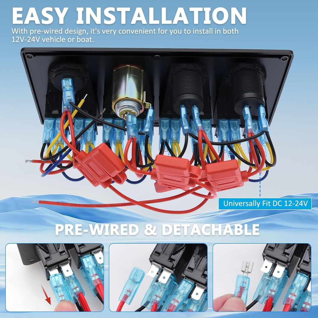 Geloo Marine Boat 8 Gang Schalter Panel Wasserdicht Toggle Rocker Zündschalter mit Voltmeter Display
