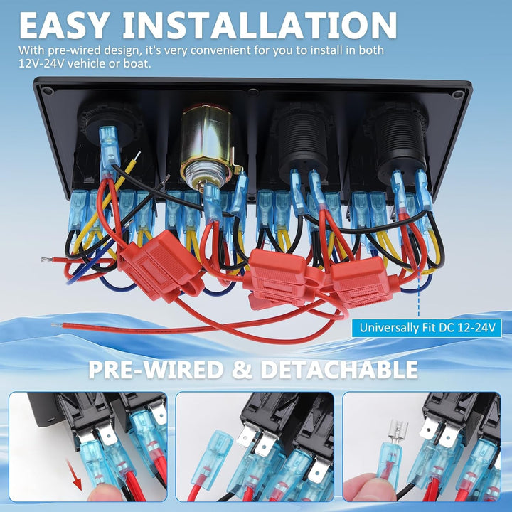 Geloo Marine Boat 8 Gang Schalter Panel Wasserdicht Toggle Rocker Zündschalter mit Voltmeter Display