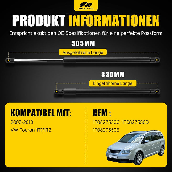 MIKKUPPA 2 Stück Gasfeder Heckklappe kompatibel mit VW Touran 1T1/1T2 03–10 | Heckklappendämpfer – e