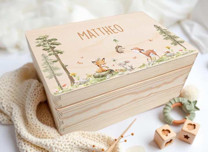 Little Deco Personalisierte Baby-Erinnerungskiste aus Holz | L - 40 x 30 x 22 cm | mit Waldtiere Ges