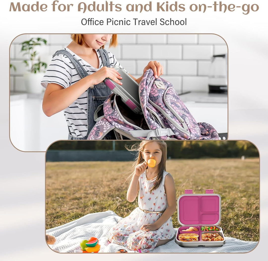 Edelstahl Brotdose Lunchbox Kinder, Metal Bento Lunch Box Auslaufsicher,3 Fächern mit Silikonbehälte