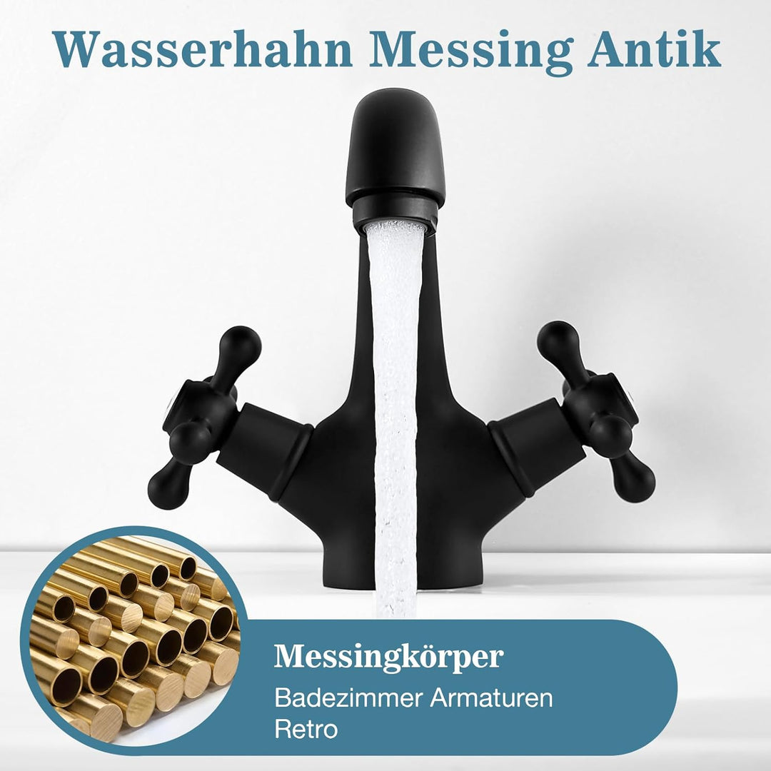 Wasserhahn Bad Schwarz, Waschtischarmatur Retro Zwei Griffe, Armaturen Bad Vintage, Waschtischarmatu