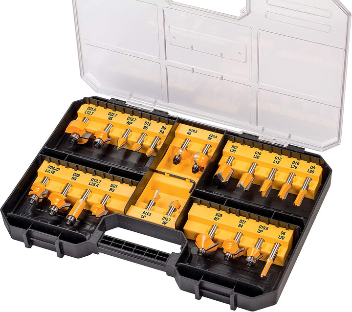 DEWALT DCW 604 P2 Akku Kombifräse 18V 55 mm + 2x Akku 5,0Ah + Ladegerät + TSTAK &amp; Fräser-Set 22 tlg.