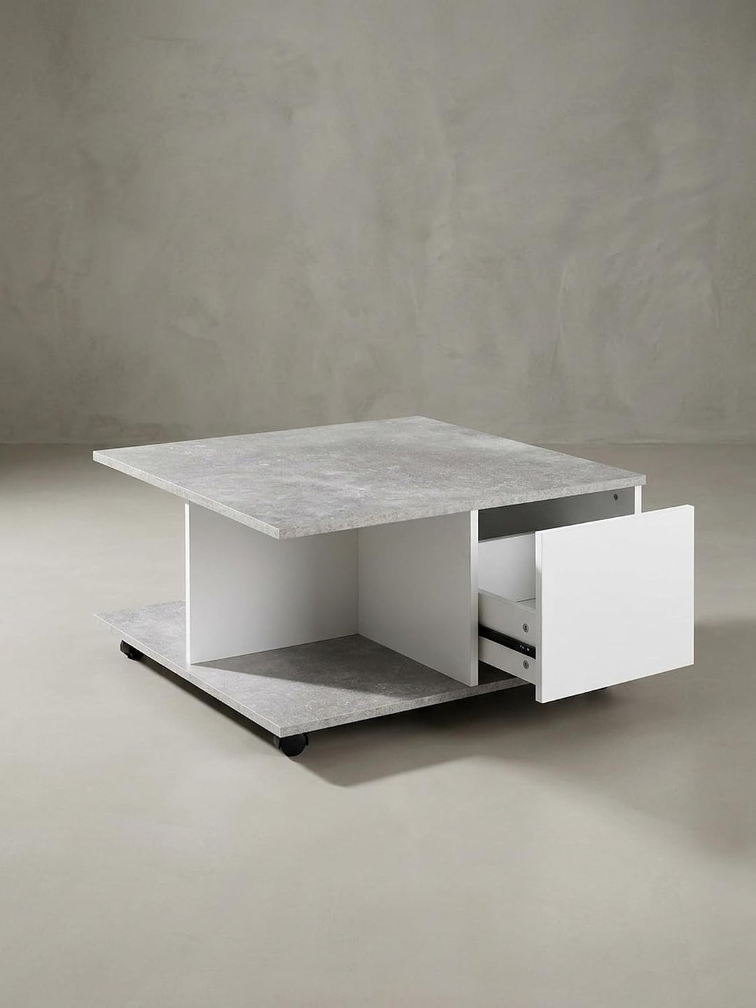Couchtisch RAPIDO: 70x70x36,5 cm, 2 Schubladen, Rollen, Melaminharzbeschichtung, Weiss/Anthrazit Far