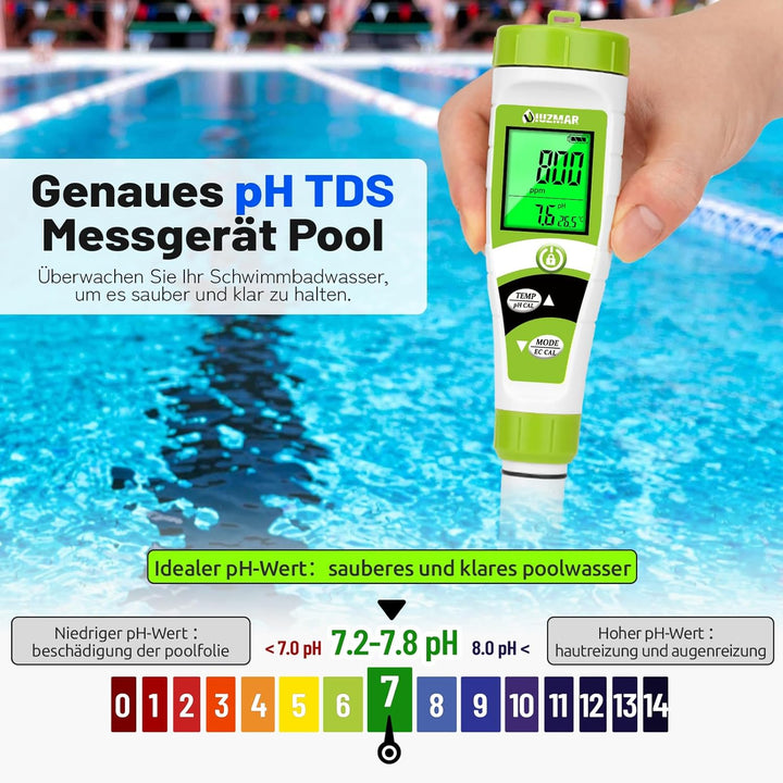 UIUZMAR Pool pH Messgerät Wasser, pH EC Messgerät Grow, Digitales pH EC PPM Temperaturtester mit pH7
