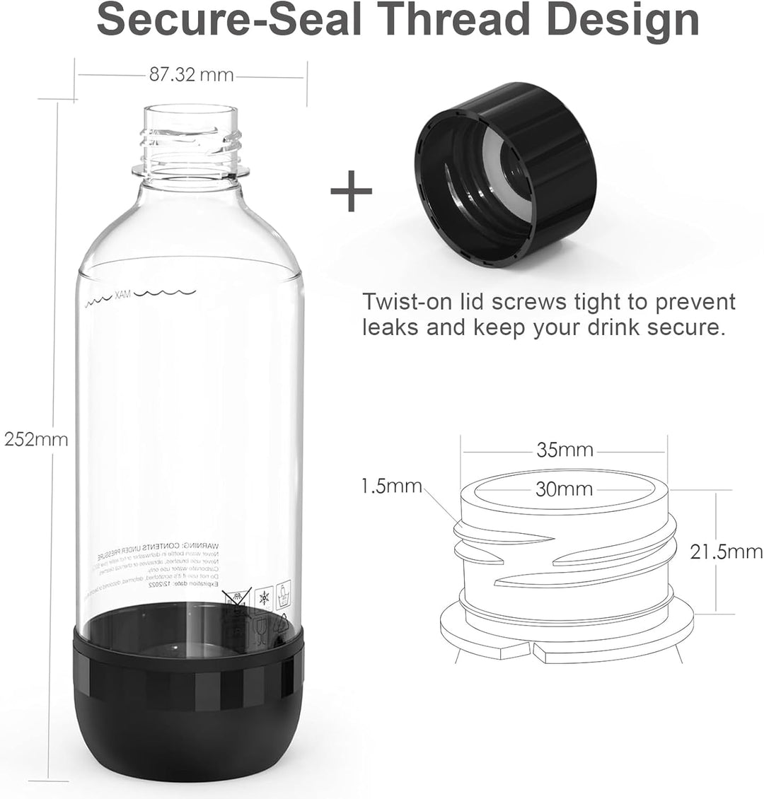 2er Set Sodaflaschen 1 Liter BPA Frei PET Schwarz und Weiss Wiederverwendbare Sprudelflaschen Kompat