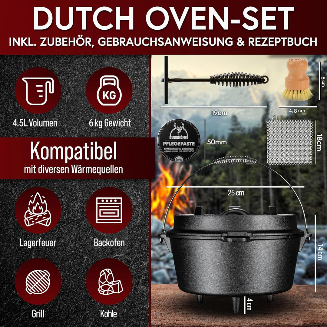 Dutch Oven Set 4,5 Liter [für 2–4 Person] – Eingebrannter Feuertopf mit Füsse, inkl. praktischem Dec