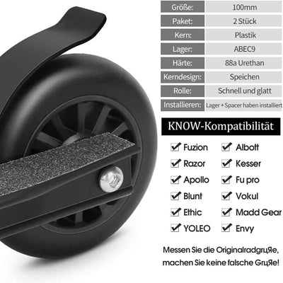 100mm Scooter Rollen - 2 Stück 100mm Scooter Ersatzräder räder Wheels mit ABEC-9 Lager - 88A stunt s