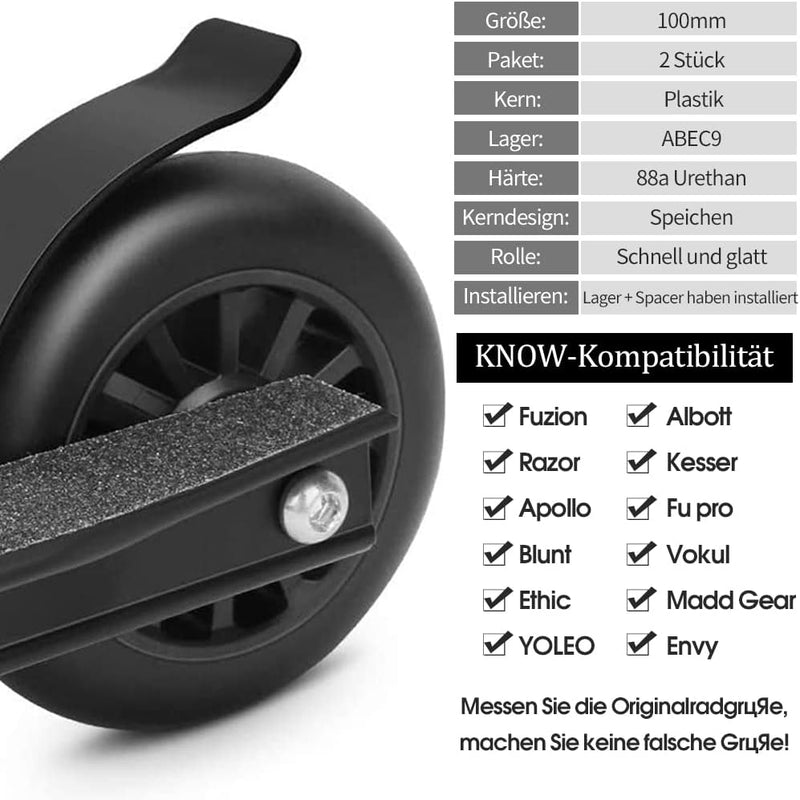 100mm Scooter Rollen - 2 Stück 100mm Scooter Ersatzräder räder Wheels mit ABEC-9 Lager - 88A stunt s