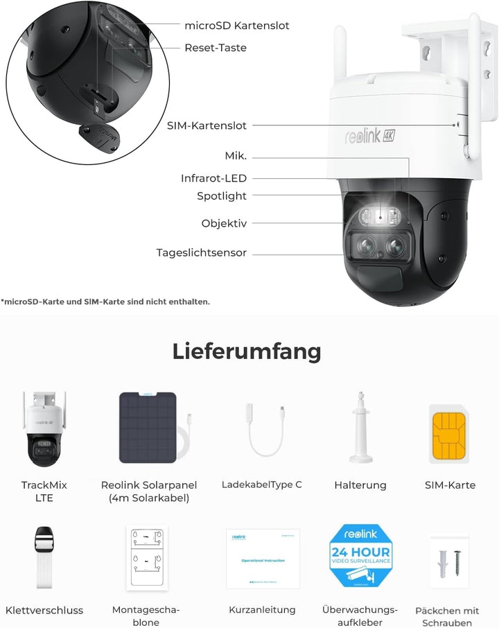 Reolink 3G/4G LTE PTZ Solar Überwachungskamera mit SIM-Karte, Auto-Tracking & Auto-Zoom, Dual-Lens,