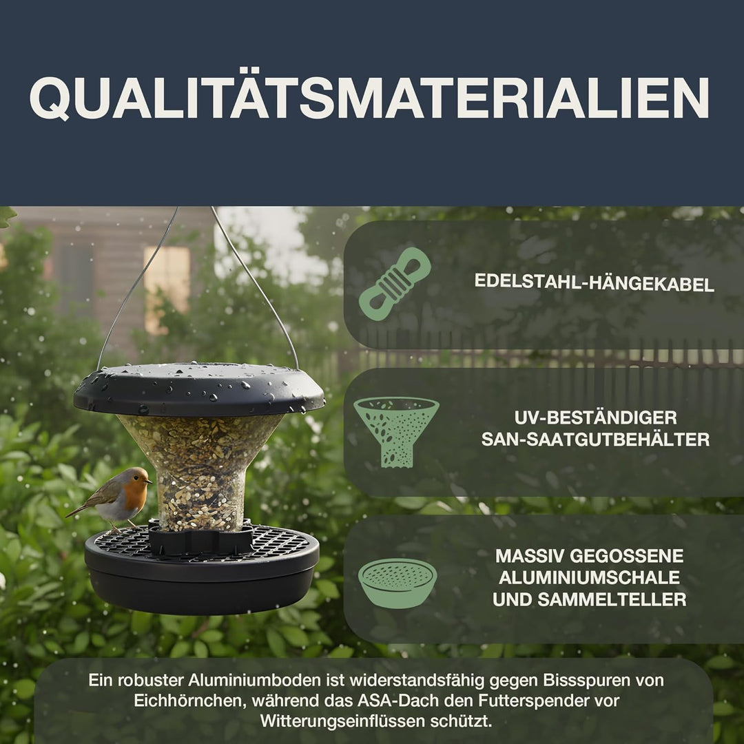 SWISSINNO SMART Birds CHUR Vogelfutterspender Anthrazit aus Aluminium Hängender Saatspender eichhörn
