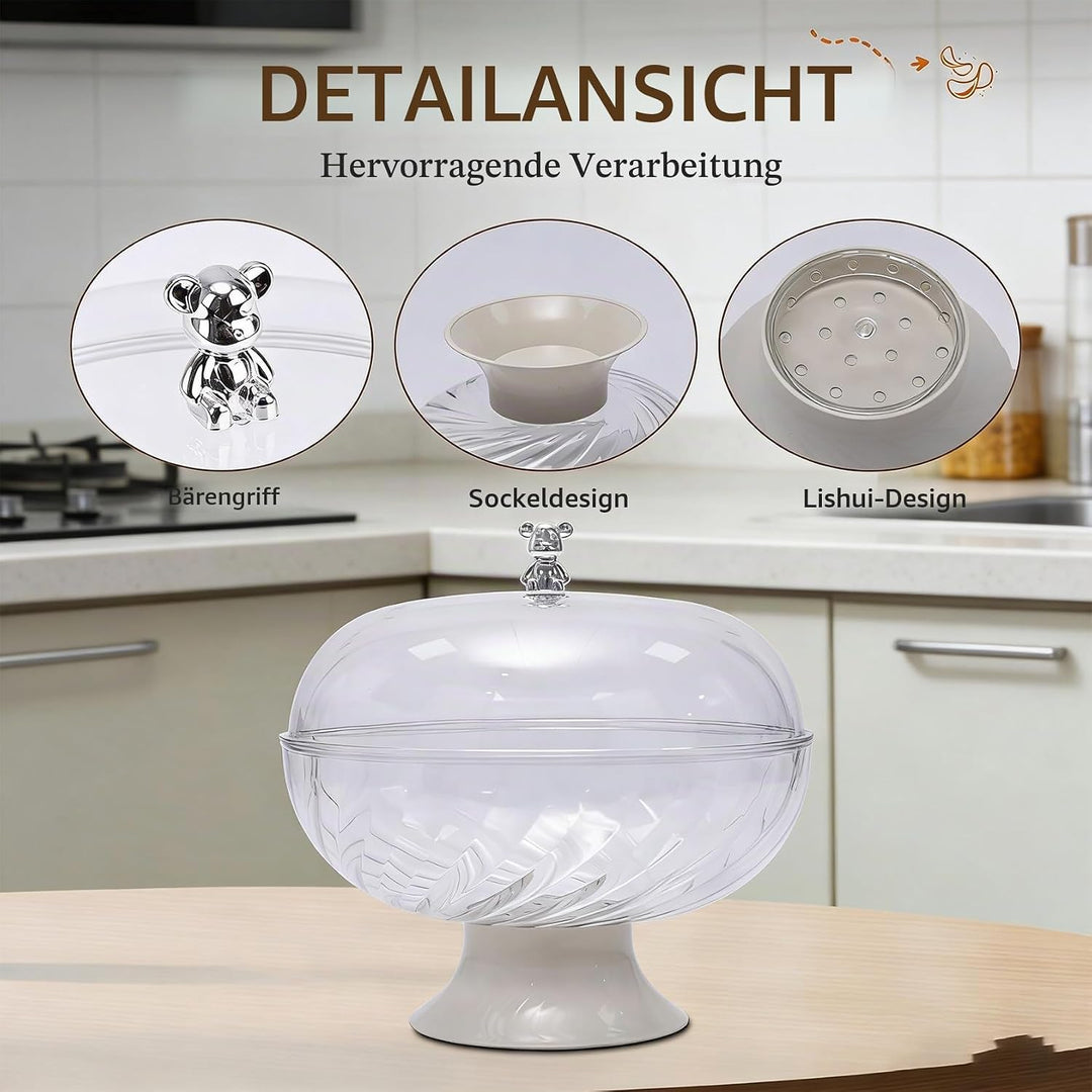 Obstschale mit Deckel und Abtropfeinsatz Transparent – Kunststoff Fruchtschale mit Fuss für Tischdek