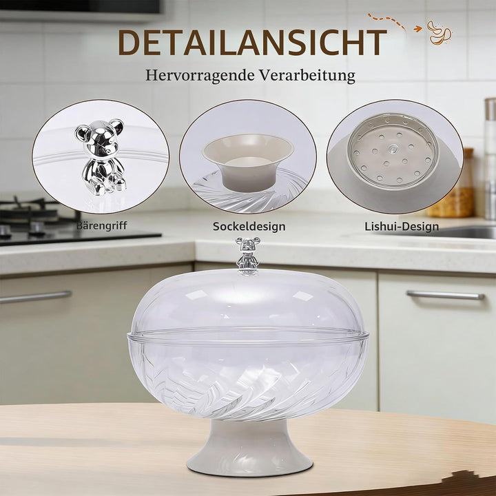 Obstschale mit Deckel und Abtropfeinsatz Transparent – Kunststoff Fruchtschale mit Fuss für Tischdek