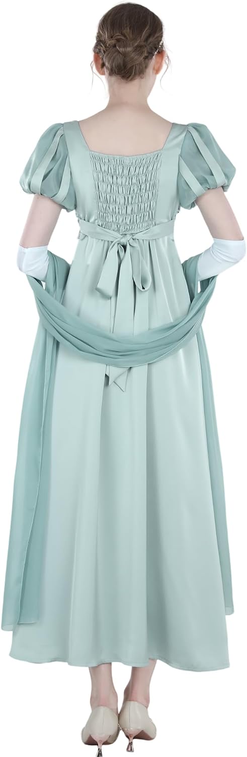 Damen Regency Kleid Jane Austen Lange Vintage Kleider Viktorianische Ballkleid mit Schal und Handsch