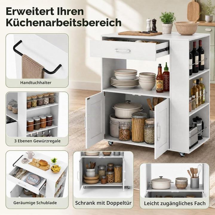 KOMFOTTEU Küchenwagen mit Arbeitsplatte, Servierwagen auf Rollen, Kücheninseln mit 3 Gewürzregale, K