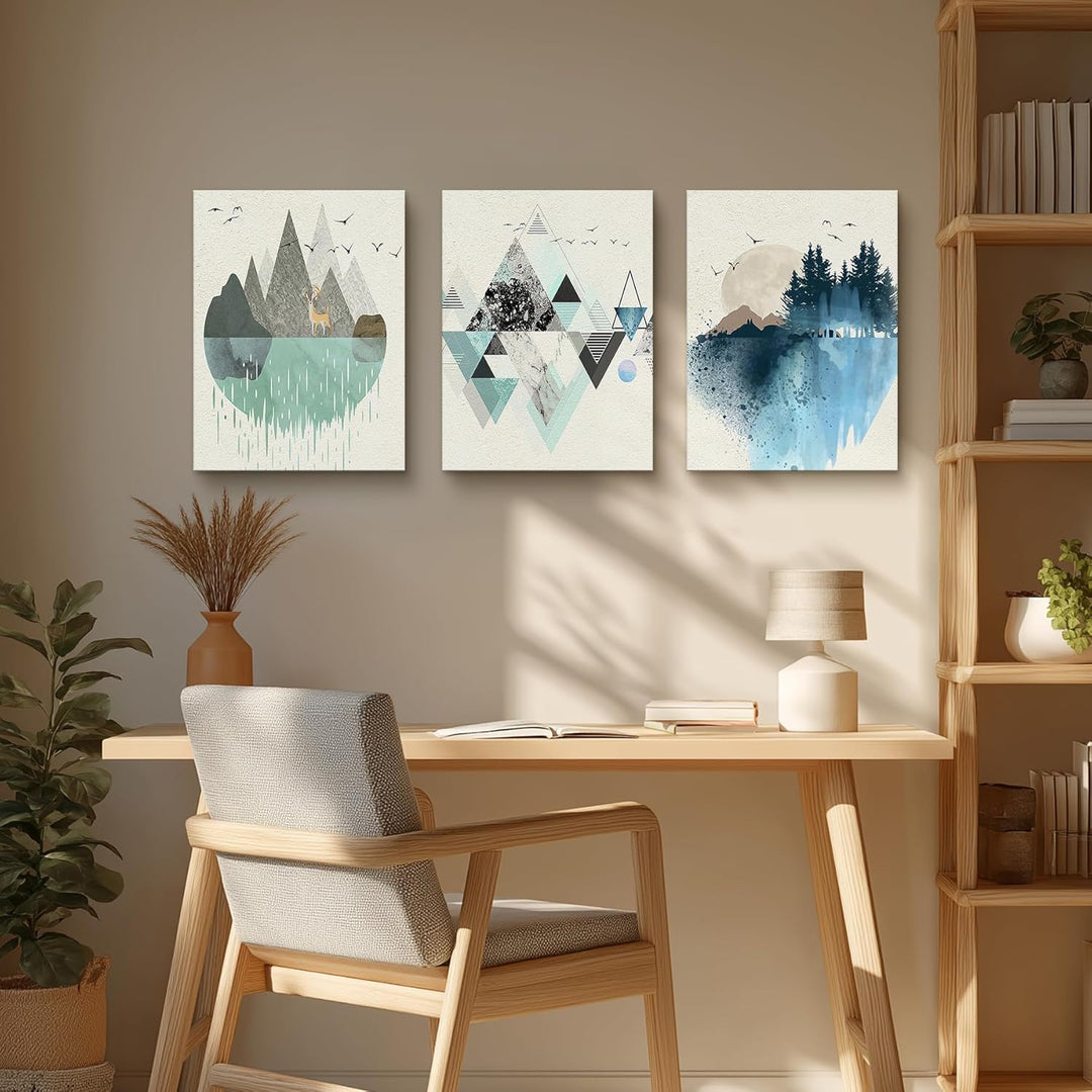 hyidecorart Abstrakte Bilder, Grün und Blau Geometrische Berg Landschaft Leinwand Wandkunst, Modern