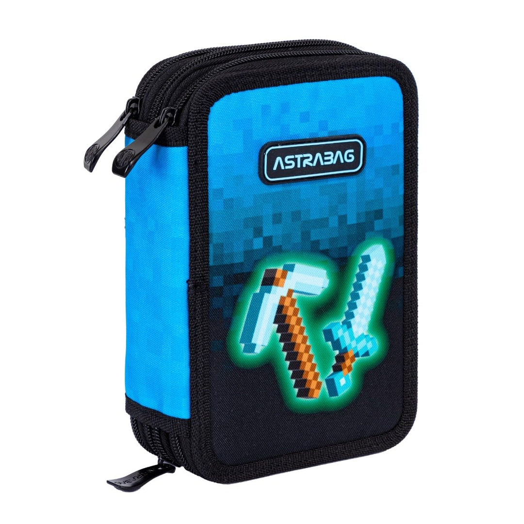 ASTRABAG Blue Pixel 3-Fach Mäppchen Federmappe Gefüllt dreifaches Federmäppchen, Schüleretui 3-stöck