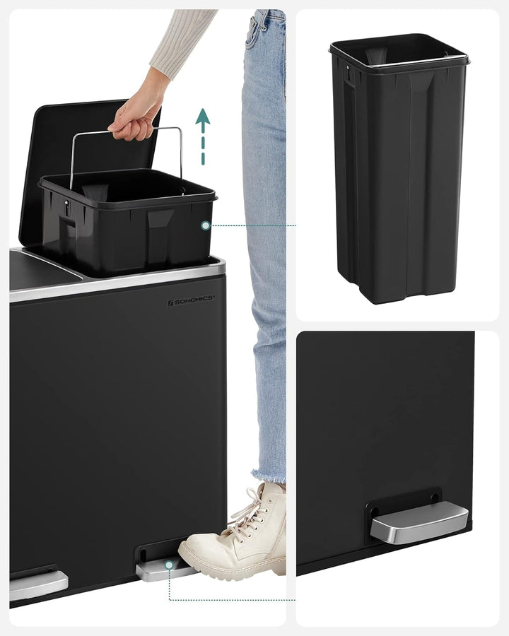 SONGMICS Mülleimer, Abfalleimer, Mülltrennsystem mit 2 Fächern, Treteimer für die Küche, 2 x 24 L, S