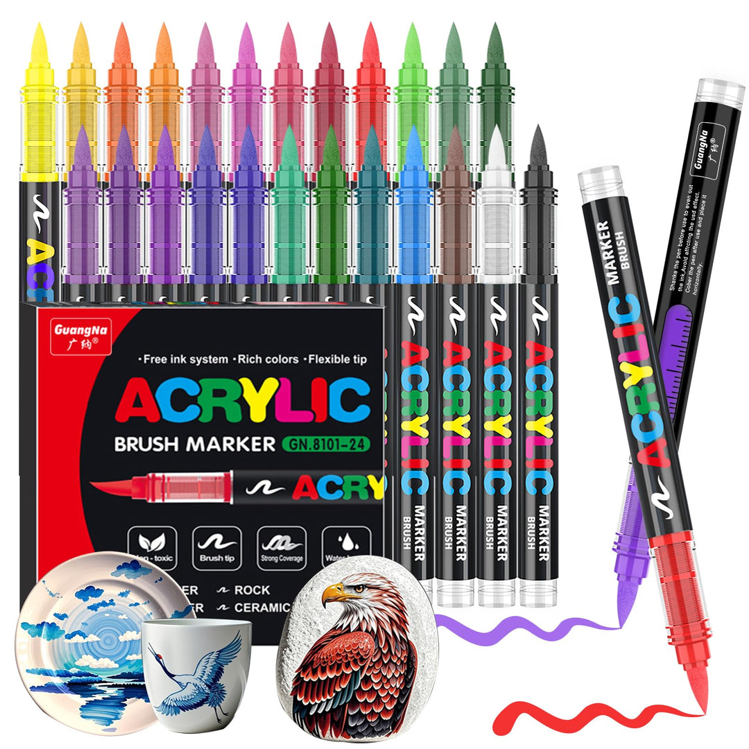 Acrylstifte, 24 Farben Acrylic Paint Marker mit flexibler Pinselspitze, Direktflüssigkeit Acrylic Br