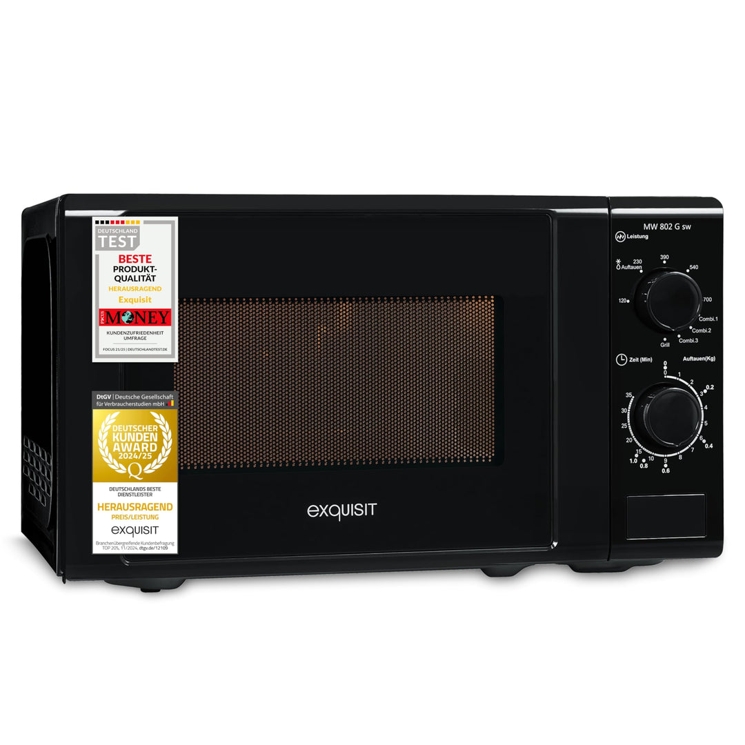 Exquisit Mikrowelle 20L, 1000 Watt Grill, 700 Watt, 25,5cm Drehteller, 5 Leistungsstufen, Timer, Auf
