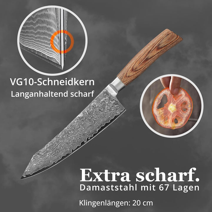 Wakoli EDIB Pro Premium Kiritsuke Chefmesser mit 20 cm Klinge gefertigt aus 67 Lagen echtem Damastst