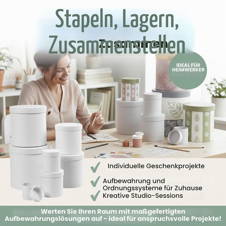 Runde Boxen, rund, D: 7+9+12+14,5+17+19,5+22 cm, H: 7,5+10,2+12,7+15,2+17,7+20,2+22,7 cm, weiss, 7 S
