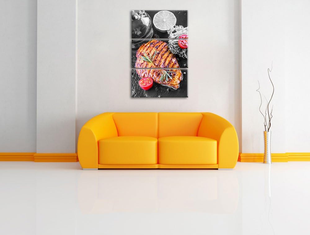 Saftiges Steak mit Tomaten schwarz/weiss 3-Teiler Leinwandbild 120x80 Bild auf Leinwand, XXL riesige