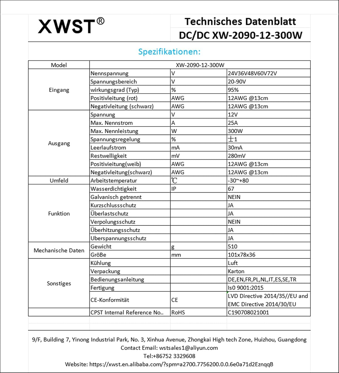 20-90V 24V36V48V60V72V80V auf 12V Spannungswandler, DC DC Wandler 25A 300W mit Schnellverbinder Kabe