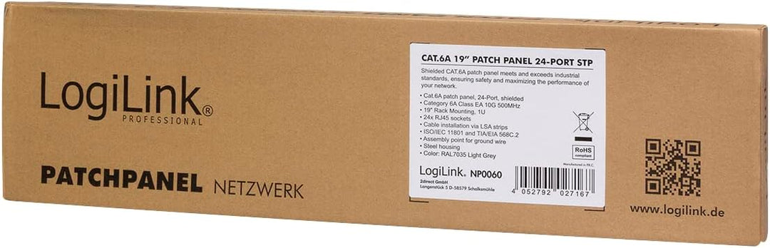 LogiLink Professional PrimeLine Cat.6A (500 MHz) Patchpanel grau, 19", STP (geschirmt) 24-Port (RJ45