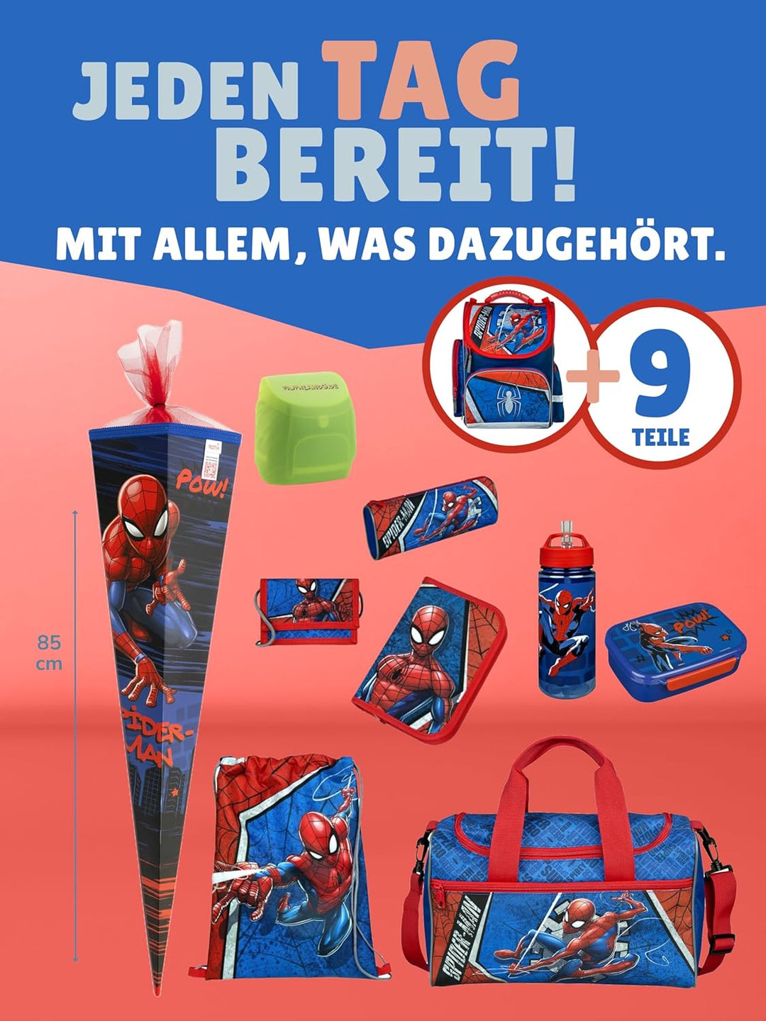 Schulranzen-Set Marvel Spiderman 16 TLG. mit Federmappe, Dose, Flasche, Sporttasche, grosse Schultüt