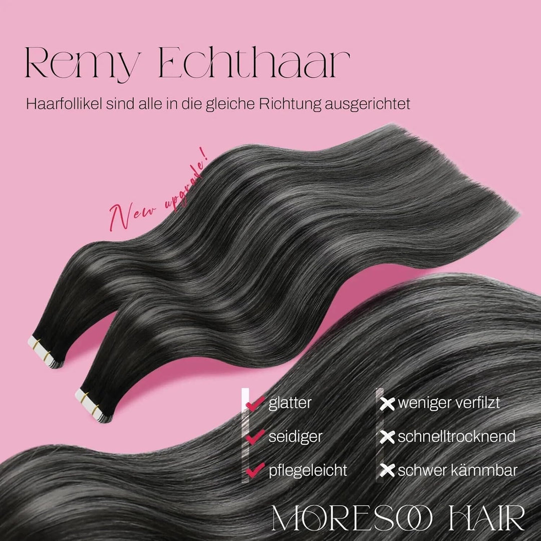 Moresoo Tape Echthaar Extension Schwarz Ombre Invisible Tape in Extensions Echthaar Schwarz bis 