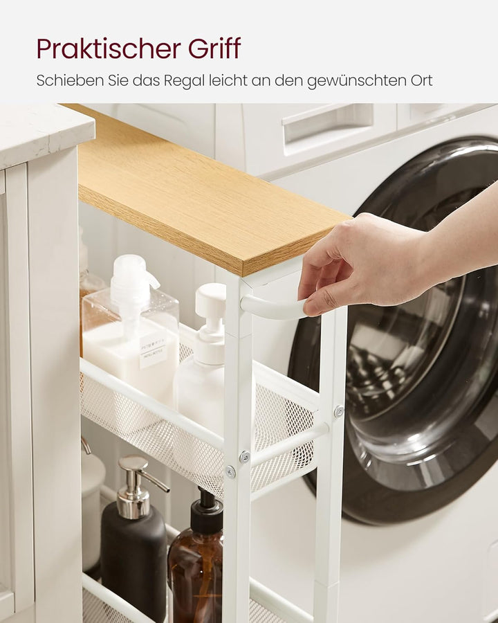 VASAGLE Rollwagen 4 Ebenen, Küchenwagen schmal, Nischenregal auf Rollen, Stahl, Griff, für kleine Rä