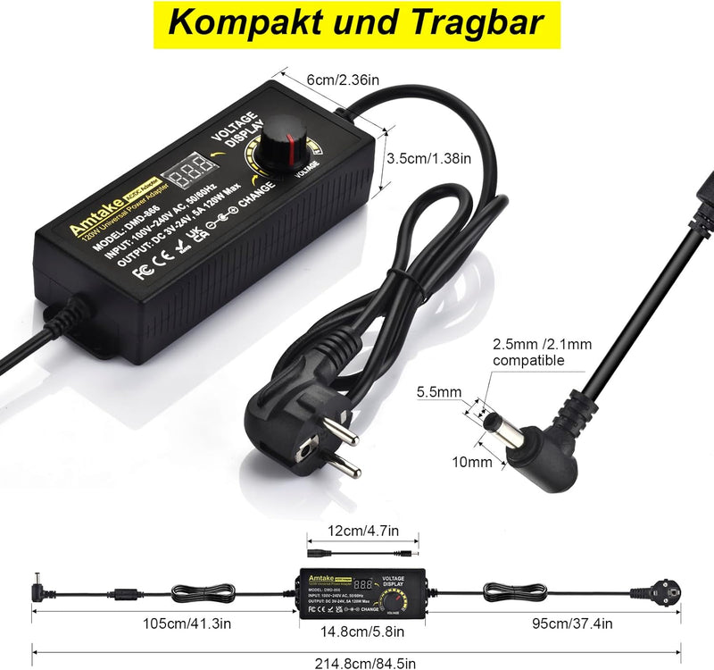 Einstellbares Netzteil 3V-24V Universal Netzteiladapter 5A 120W Verstellbarer Netzadapter 100V-240V