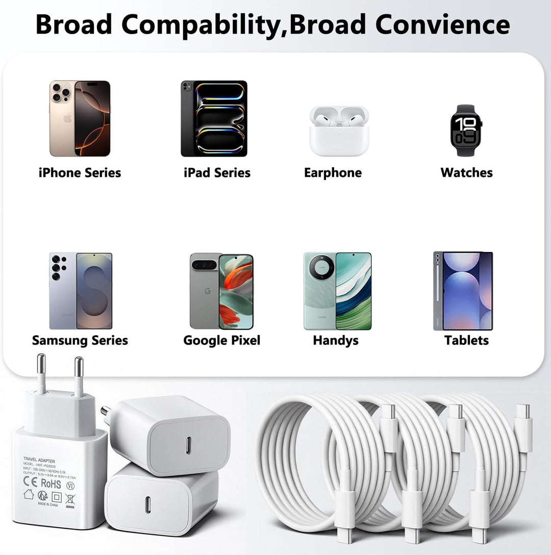 3er-Pack USB C 25W Ladegerät Ladekabel, Schnellladegerät PD3.0 Stecker Typ C Handy Netzteil Wand-Lad