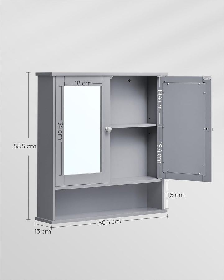 VASAGLE Spiegelschrank, Badschrank, Wandschrank, Hängeschrank mit 2 Spiegeltüren und offenem Fach, v